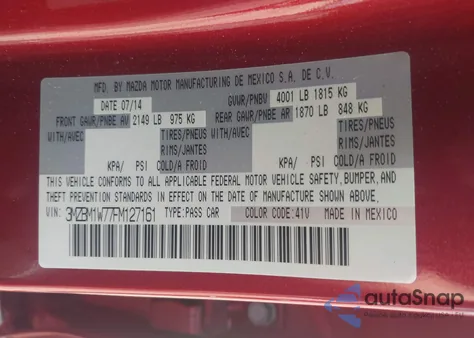 2015 Mazda Mazda3 I Grand Touring из США, поврежденный, VIN 3MZBM1W77FM127161